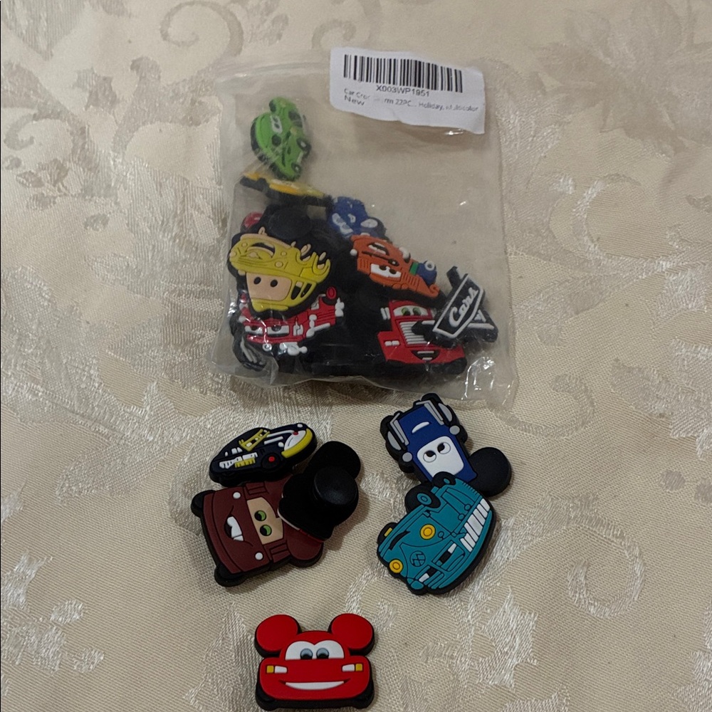Disney Cars Character Shoe Charms Set - Red, Blue, Brown; Dunkin’ Donuts charm .
